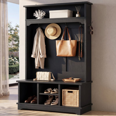 Porte-manteau d'entrée OMCMUU 180 cm avec banc et rangement à chaussures, en bois, noir. Banc d'entrée 6 en 1 avec porte-manteau intégré, 5 crochets doubles, 4 compartiments à chaussures, étagère réglable, supporte jusqu'à 136 kg, rangement ouvert pour vestibule.