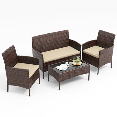 4-Person Wicker Outdoor Patio Conversation Set with Cushions and Coffee Table