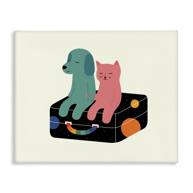 Chat et chien sur une valise, art mural par Andy Westface, H 16 po x l 20 po