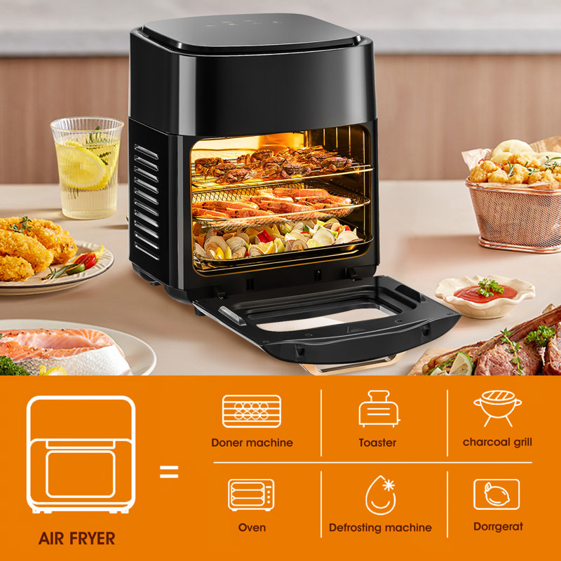 Friteuse à air comprimé - capacité de 15 L pour un usage domestique window Fenêtre d'observation visuelle, commandes tactiles, minuterie intelligente et réglages de température, affichage numérique, comprend un plateau de cuisson et un support ， 