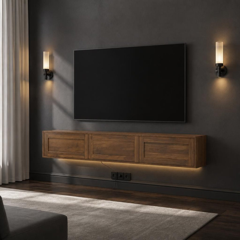 Wall-Mounted Floating TV Stand with LED Lighting and Integrated Power Outlet, High-Gloss Media Console for Living Room Entertainment Centers
