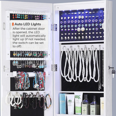 Full Length Mirror Jewelry Cabinet – White – Wall-Mounted Over-The-Door Jewelry Armoire, 6 Leds, Lockable, Jewelry Organizer Storage With Lights