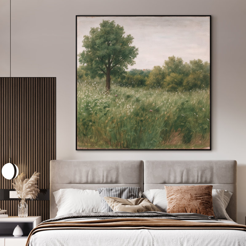 Très grand art mural imprimé sur toile - Meadow Green Tree campagne paysage, décoration pour le salon ou la chambre à coucher - «Assemblage requis du cadre (cadre non fini)»