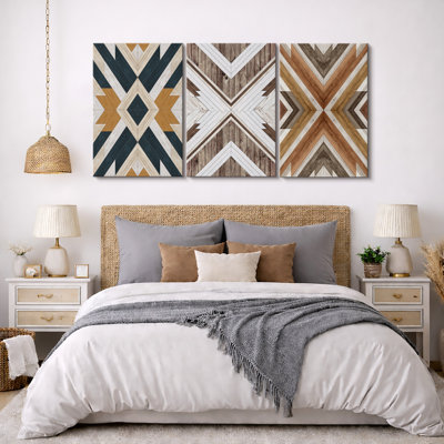 Southwest Wood Effect Geometric Abstract Vintage Western Decor Framed Canvas 3 Piece Print Wall Art