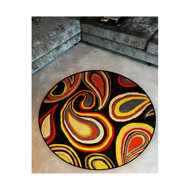 Izmir Round Dark Tone Multicolored Shapes Woven Base Modern Decorative Rug, Round 4'