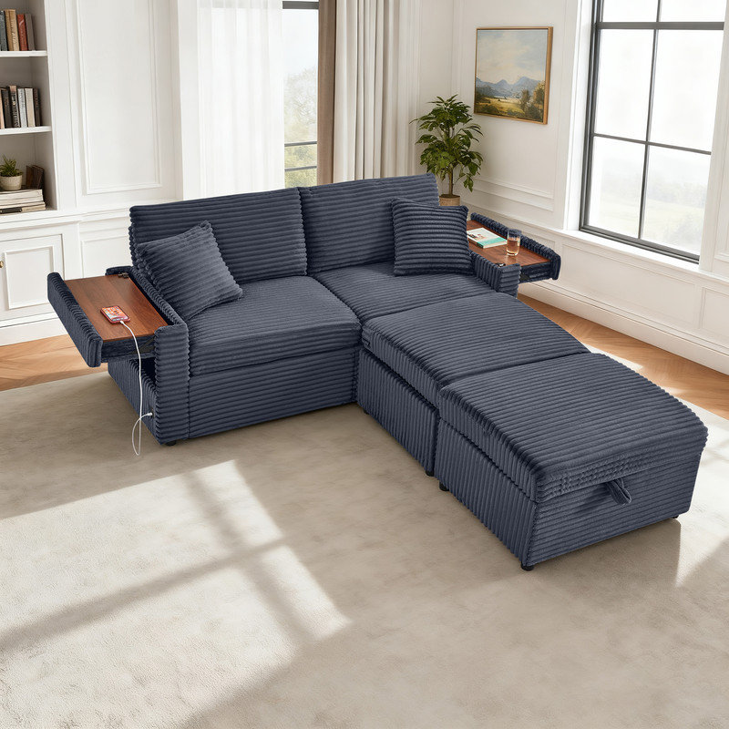 Causeuse et chaise longue Fluffy 2-en-1 avec rangement caché, repose-pieds double et table, Velours côtelé gris foncé