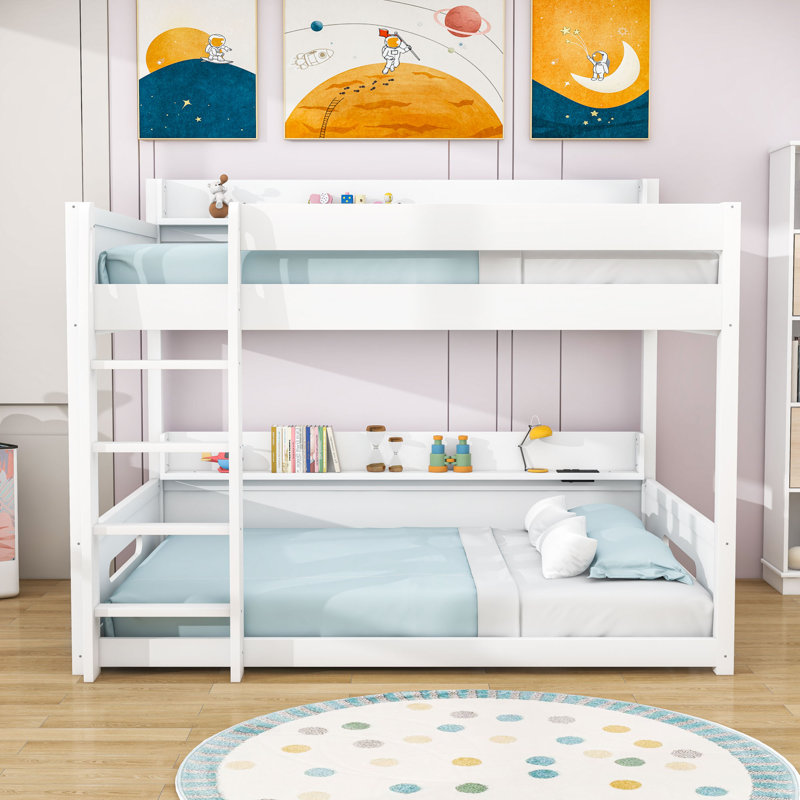 Queen Over Queen Wood Bunk Bed With Charging Station, Storage Shelves And Ladder, White