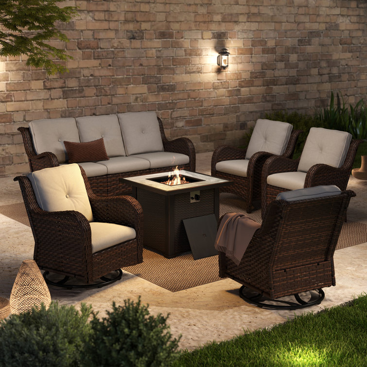 Arde 7-Person Outdoor Wicker Patio Set with Fire Pit Table & Swivel Chairs