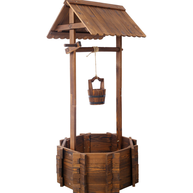 Wooden Rustic Wishing Well Planter For Yard Decor, With Hanging Bucket And Shade Resistance, 53H Outdoor Fascinate, 25X25x53 Brown