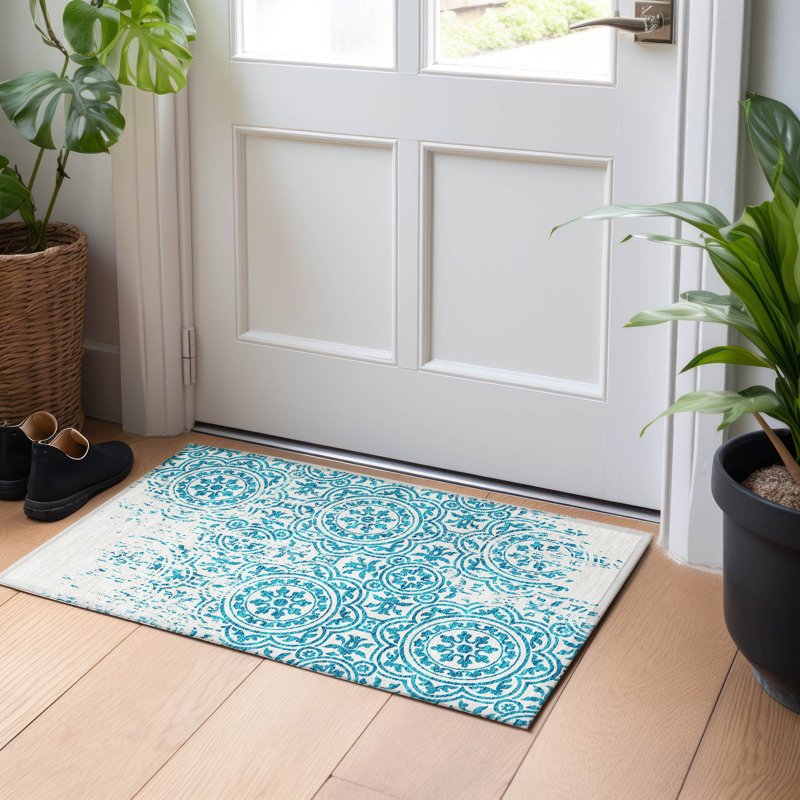 Premium Machine Washable Prisco Teal Rug, Rectangle 1'8" x 2'6"