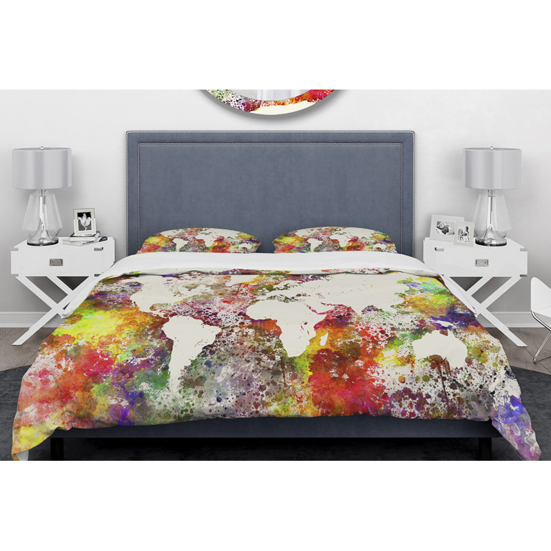 King Multicolor Microfiber World Map Duvet Cover Set