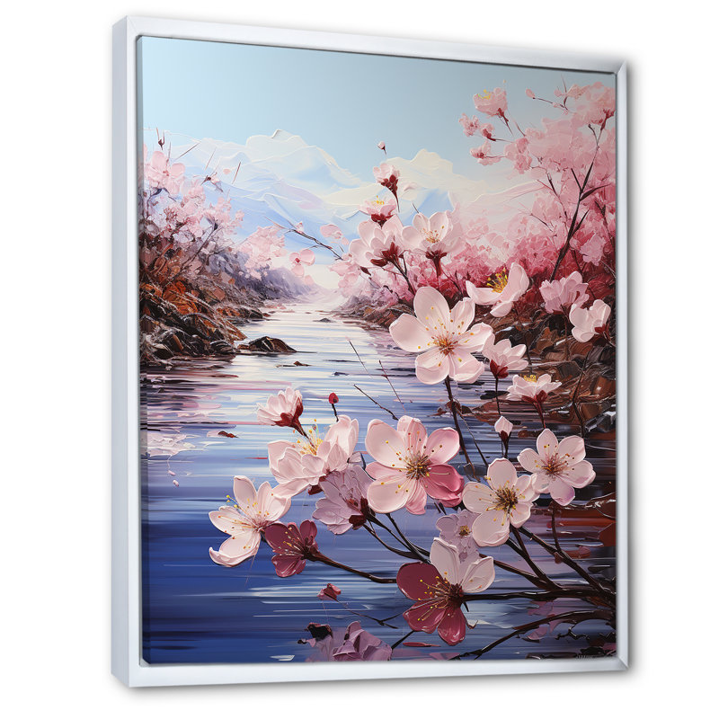 Cherry Blossom Flower Meadow sur toile, Cadre flottant blanc, H 44 po x l 34 po x P 1,5 po