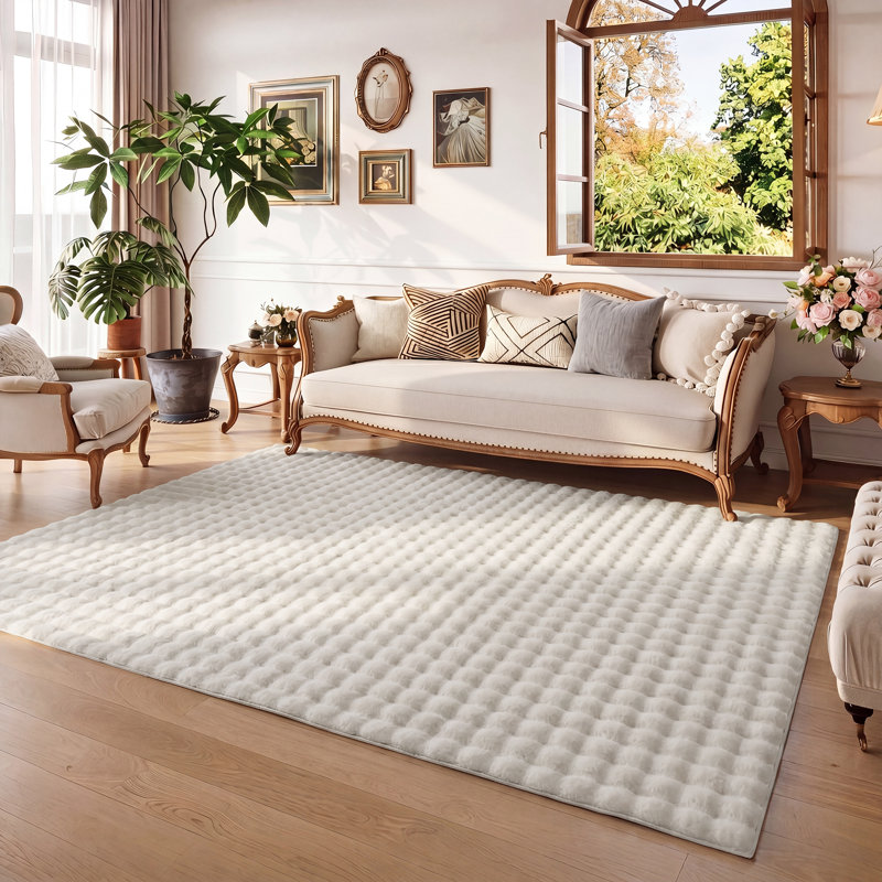 Tapis antidérapant en fausse fourrure de lapin, Blanc, Rectangle 6 pi x 9 pi