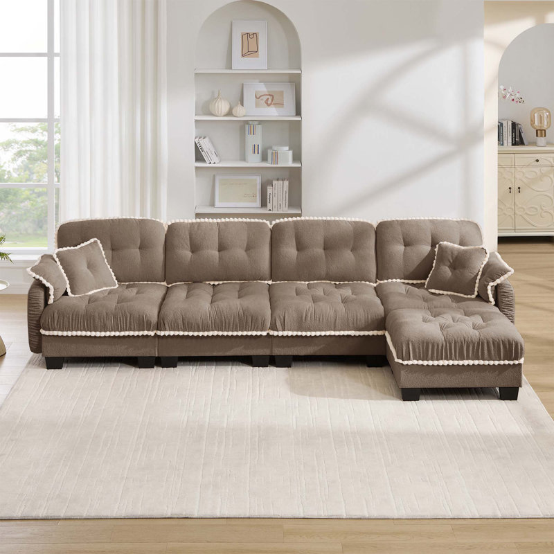 Canapé 4 places avec 1 repose-pieds et 4 coussins décoratifs en chenille matelassée Pom-Pom, Brown(with 1 Ottoman)