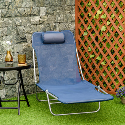 Chaise longue de piscine pliante, chaise de bronzage de patio, chaise longue d'extérieur avec dossier inclinable à 6 positions, siège en filet respirant et appui-tête pour la plage, la cour, le patio, le bleu