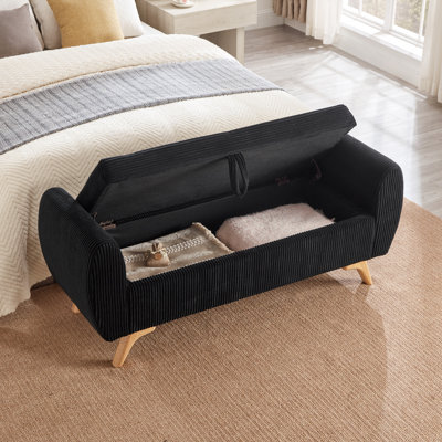 Banc de rangement moderne en velours côtelé de 145 cm avec pieds en bois massif - Banc d'entrée rembourré noir