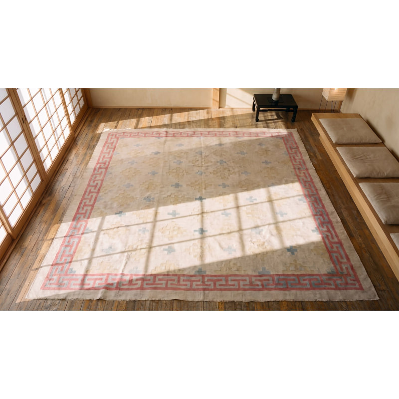 Faded Cream Color Geometric Pattern Antique Square Dhurrie Flatweave Rug