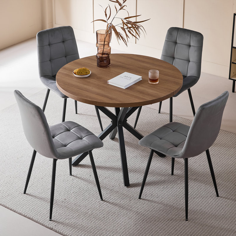 4 - Person Dining Set - Nordic Round Dining Table Set with 4 Upholstered Chairs - Metal legs - 4 - Person Dining Set - Nordic Round Dining Table Set With 4 Upholstered Chairs - Metal Legs