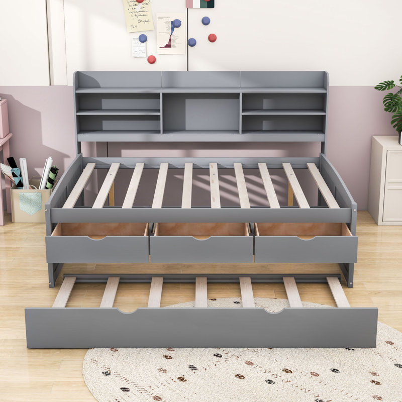 Lit capitaine en bois 3 tiroirs avec lit gigogne simple et tablettes, Gris clair