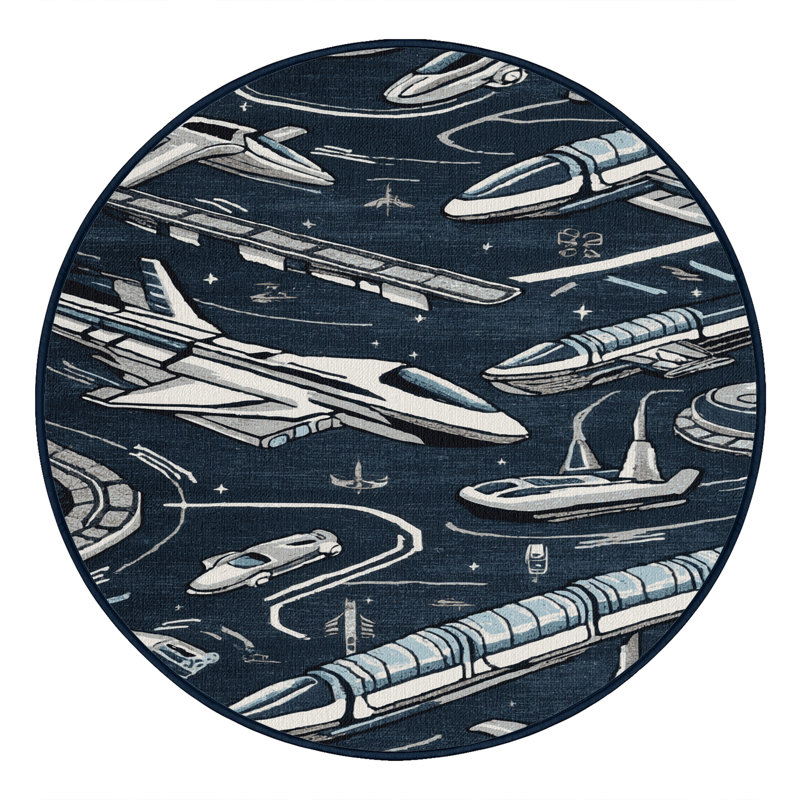 Machine Washable Transportation Gray Area Rug, Round 6'
