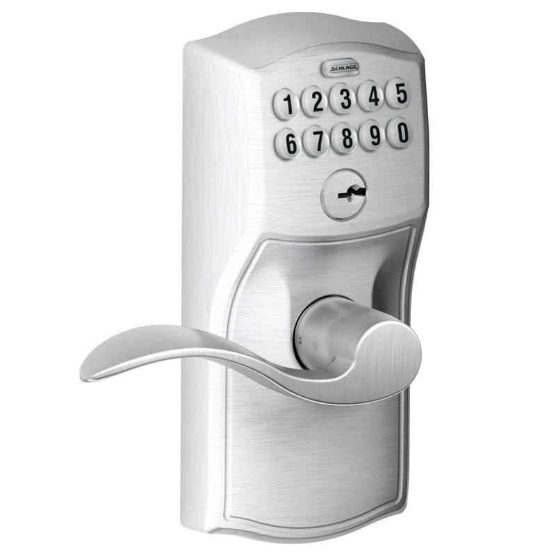 Accent Keypad Lever with Camelot Trim, Satin Chrome, Yes, Reversible