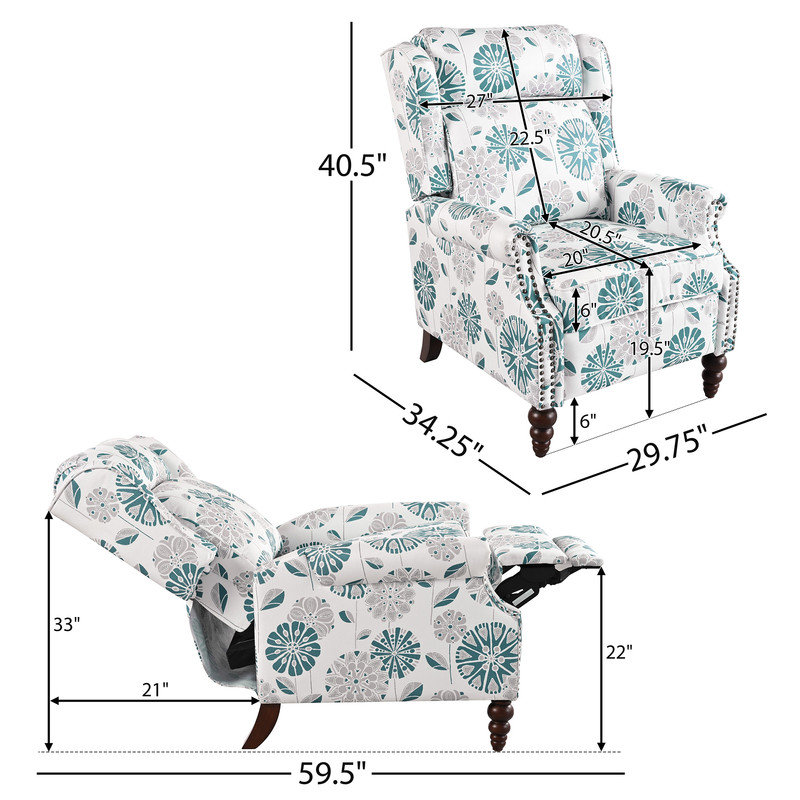 Fauteuil inclinable moderne à oreilles avec repose-pieds réglable, Blanc / Bleu