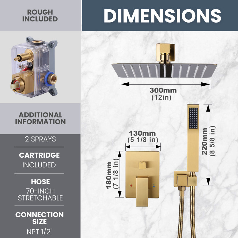 12 In. Wall Mount Shower System Shower Head And Handheld Shower With 1.8 GPM Rough-In Valve Included, Gold