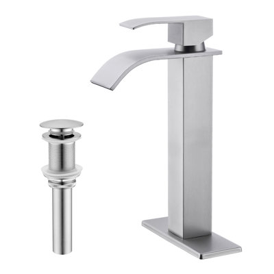 Robinet pour salle de bain à poignée simple avec bec cascade et bonde escamotable, sans trop-plein, nickel brossé, acier inoxydable, traitement antirouille, écoulement stable, installation simple pour évier sans trop-plein