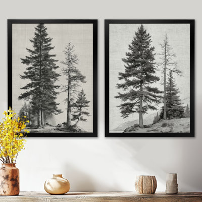 «Vintage Pine Trees On Mountain - Pine Wall Decor, Black Nature», art mural encadré 2 pièces