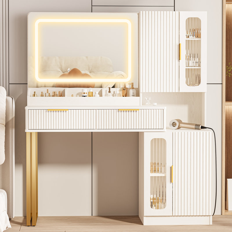 42" Fluted Vanity Desk with Mirror & Lights, Makeup Vanity with Storage Drawer & Glass Cabinet, 3 LED Light Modes, Power Outlet for Bedroom