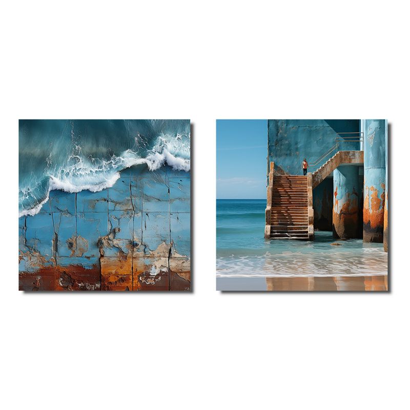 Beach Pier Urban Waterscapes - ensemble de 2 collages carrés carrés, Toile tendue, H 30 po x l 61 po