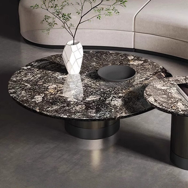 Table basse de luxe en pierre naturelle avec base en métal brossé, H 16,54 po x l 39,37 po x P 39,37 po