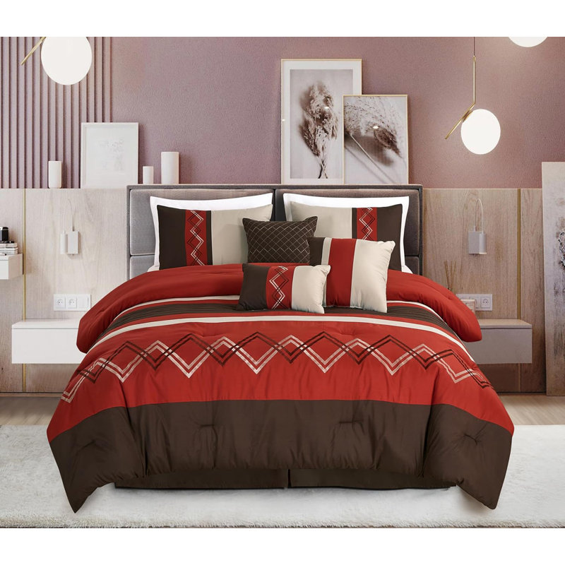 Microfiber Modern & Contemporary 7 Piece Comforter Set, Queen Comforter + 6 Additional Pieces, Spice/Brown/Coffee Cream