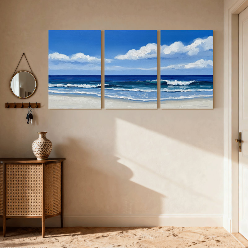 Nautique et plage, ciel bleu, nuages blancs, vagues de l'océan, plage de sable, ensemble de 3 impressions sur toile