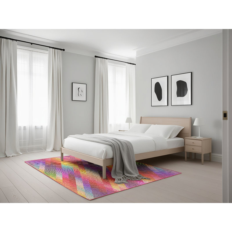 Tapis bleu/rose/jaune à motif, Rectangle 5 pi x 7 pi