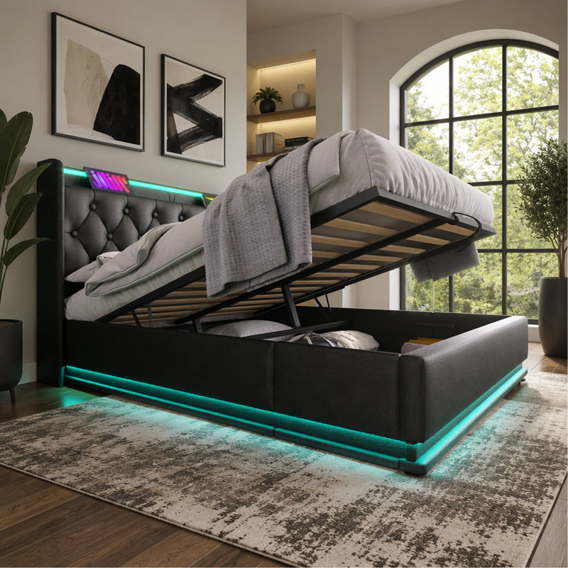 Lit double tapissier pleine grandeur, fonction DEL à 360 degrés, boutons / applications / télécommande, lit de rangement hydraulique avec chargement USB Type-C, noir, polyuréthane (sans matelas)
