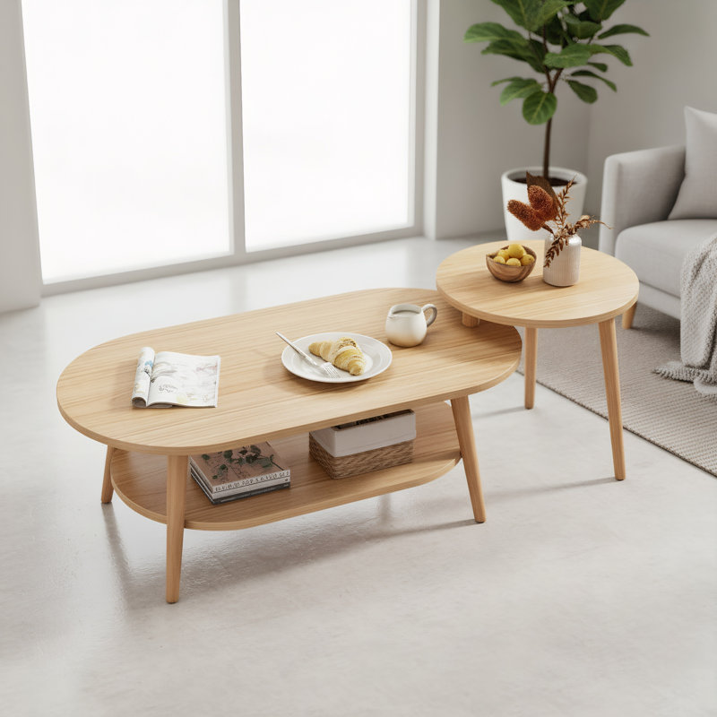 2-Piece Nesting Coffee Table Set, with 2-Tier Storage & Rustic Wood Grain, Oval & Round Tabletop, Minimalist Modern Style