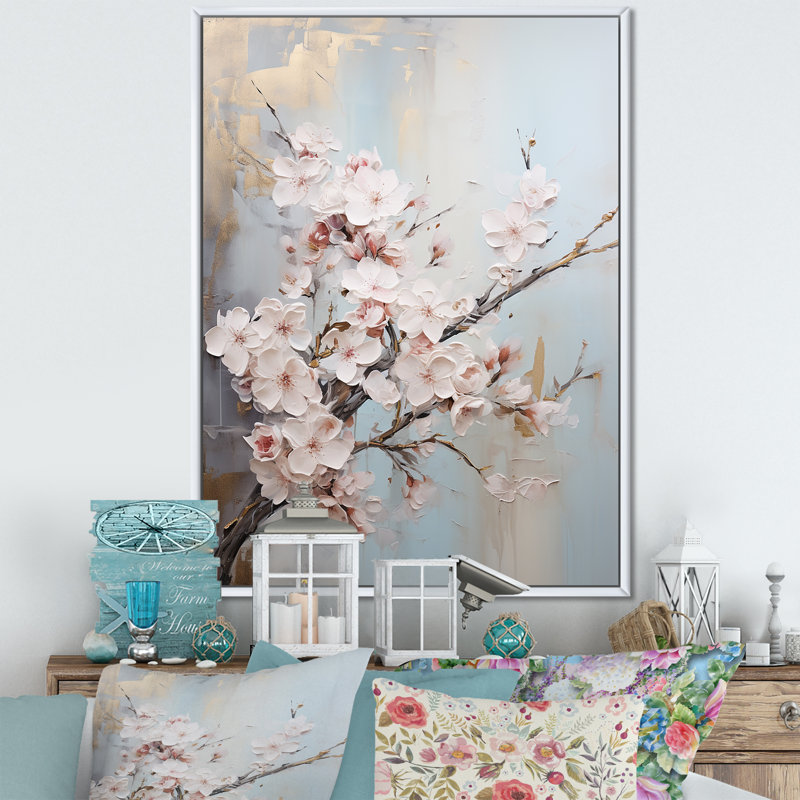 Impression sur toile encadrée, "Cherry Blossom I", Cadre flottant blanc, H 44 po x l 34 po x P 1,5 po