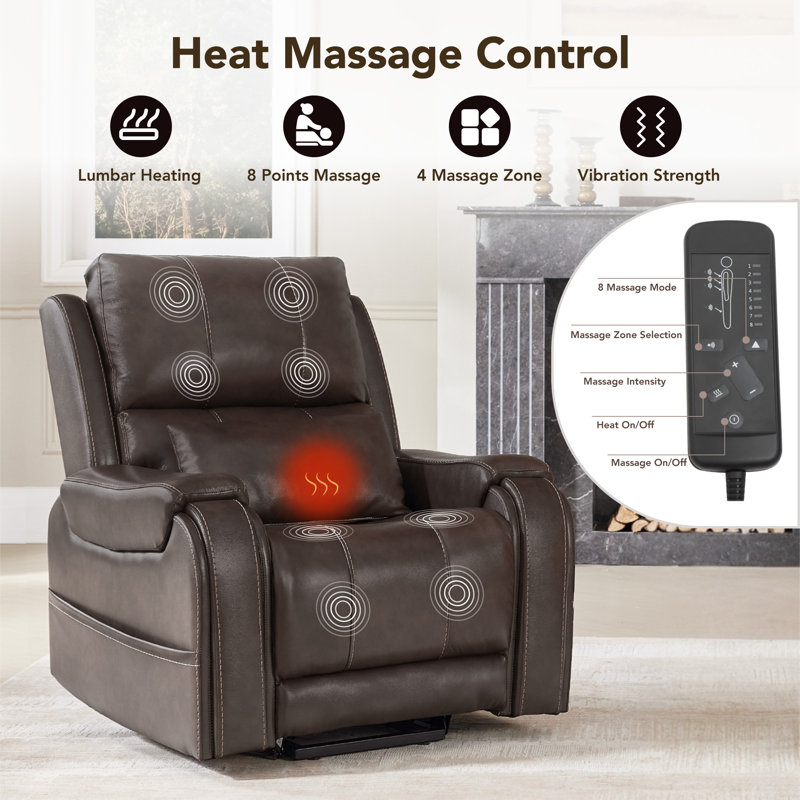 Leather Power Lift Recliner with Pocket and Lumbar Pillow, Brown