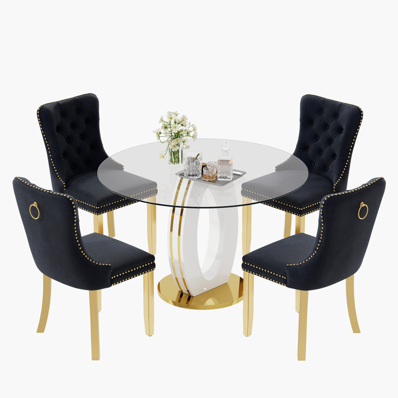 Ensemble de table de salle à manger haute brillance ronde avec 4 chaises de salle à manger en velours, Noir, noir, noir, noir