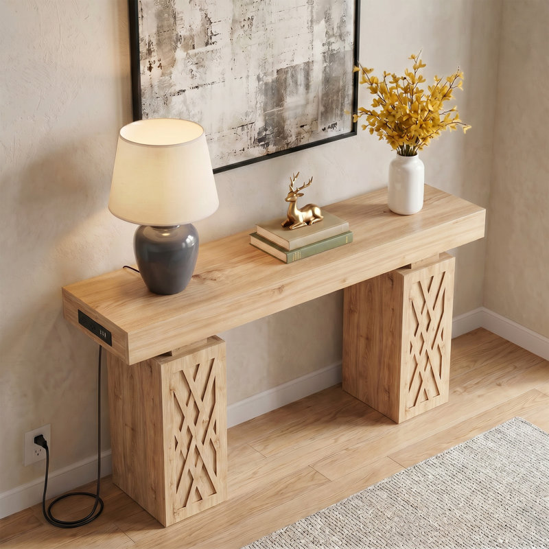 63" Console Table With Reversible Outlets & RGB Light, Thick Entryway Table With Hollow Carved Storage Legs, Beige Wood