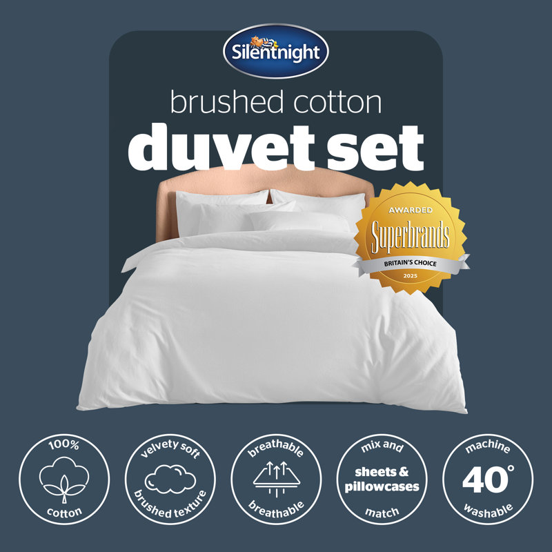 Silentnight Brushed Cotton Duvet Set, Single Duvet Cover Set + 1 Standard Pillowcase, White