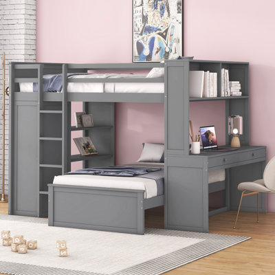 Hasel L Shaped Bunk Bed with Desk, Bookcase and Wardrobe