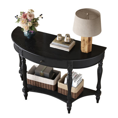 Console demi-lune en bois avec tiroir et tablette, table d'entrée vintage cannelée et incurvée pour couloir, salon ou hall d'entrée, table basse étroite avec pieds sculptés en forme de colonnes romaines, bleu rustique