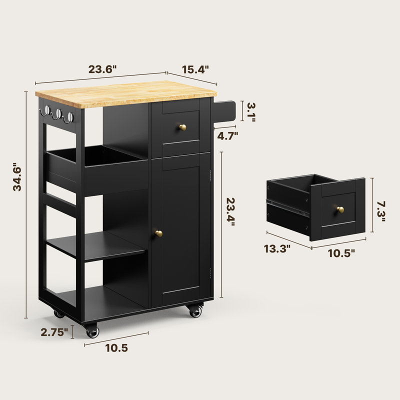23.6" Rolling Kitchen Cart with Storage Cabinet, Drawer and Open Shelves, Black