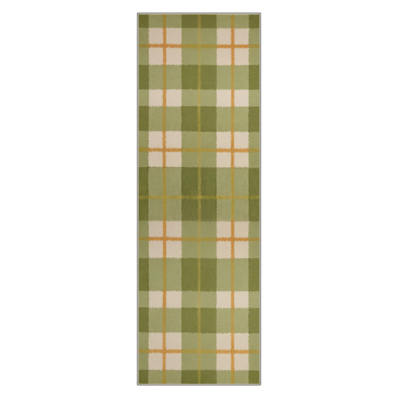 Modern Checkered Machine Washable Green / Beige / Orange Indoor Area Rug with Non-Slip Backing, Runner 2'3" x 6'