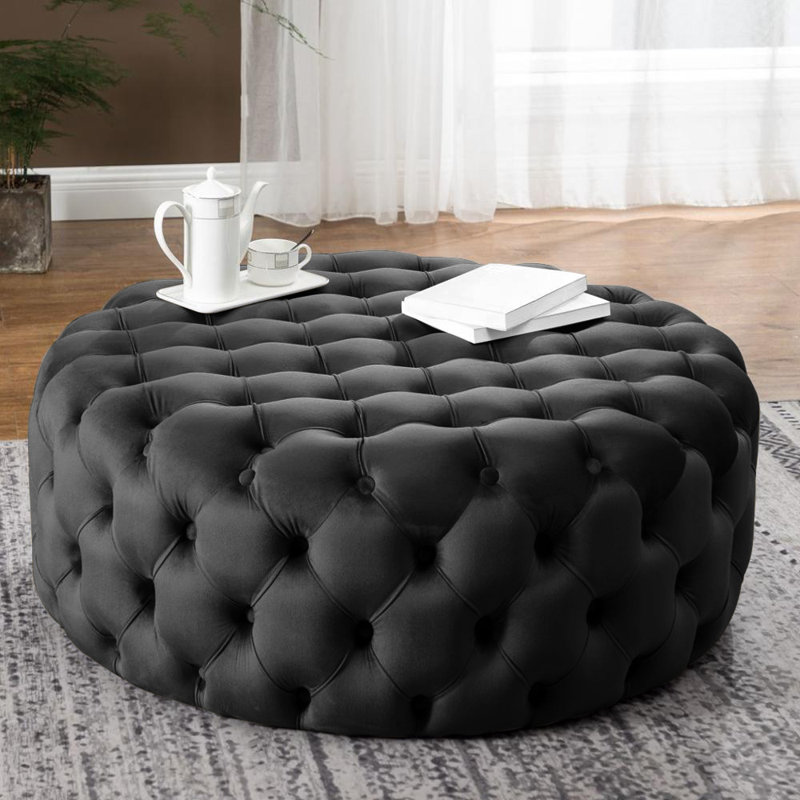 Crone 99cm Wide Tufted Round Ottoman, Black