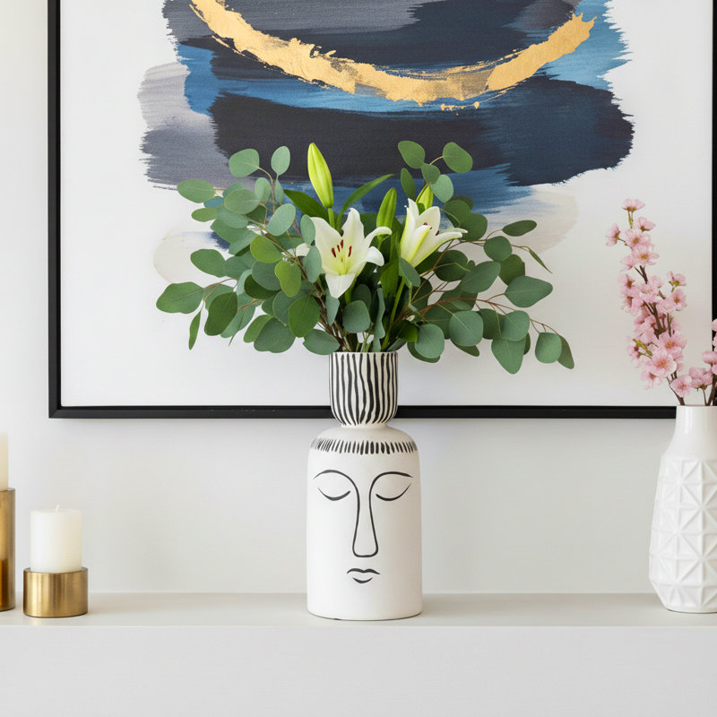 Modern Ceramic Table Vase for Home Decor - Tall Flower Vase for Tabletops, Desks, Office, and Living Room - 11", Black & White