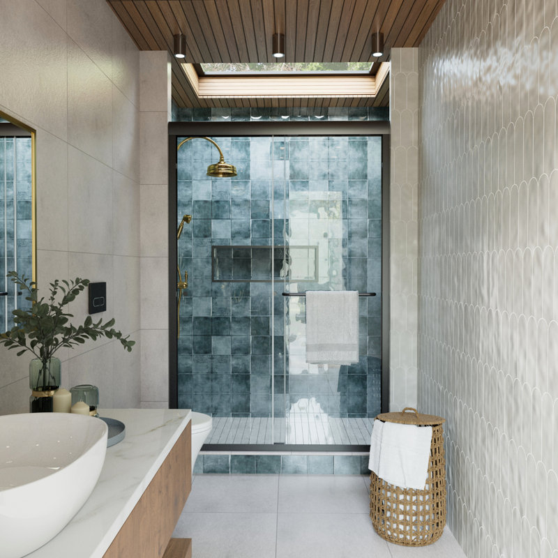 Semi-Frameless Double Sliding Shower Door, 1/4" SGCC Tempered Glass with Quiet Dual Rollers, 48" W x 72" H, Matte Black