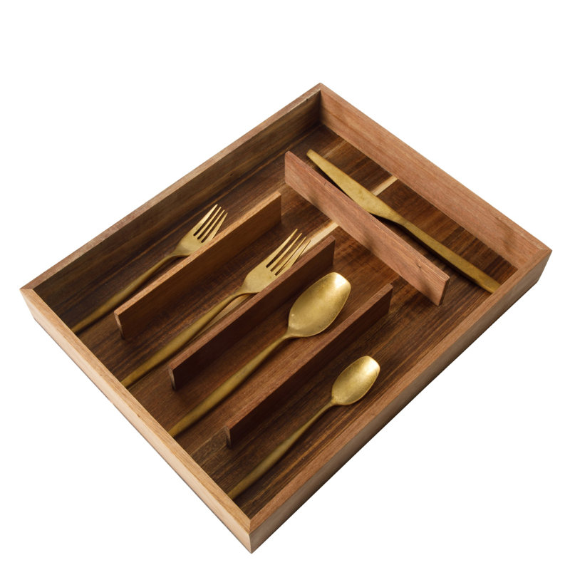 Bloomhouse 20 Piece Stone Washed Flatware 18/10 Stainless Steel Silverware Cutlery Utensil Set With Acacia Wood Caddy , Gold